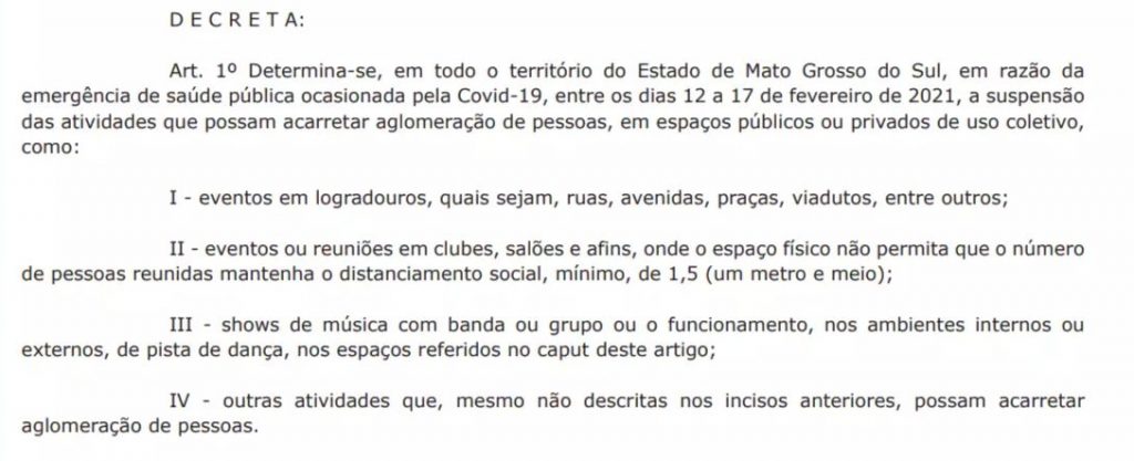 Novo decreto proíbe bailes e aglomerações nas ruas de MS durante o Carnaval