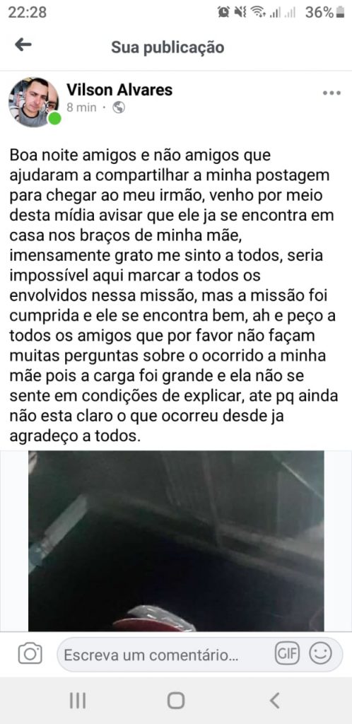Jovem desaparecido retorna a sua família Jovem desaparecido retorna a sua família
