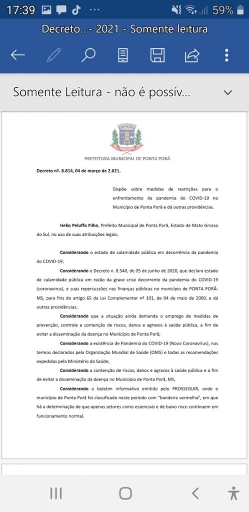 Prefeitura de Ponta Porã estabelece novas medidas de enfrentamento à Covid-19