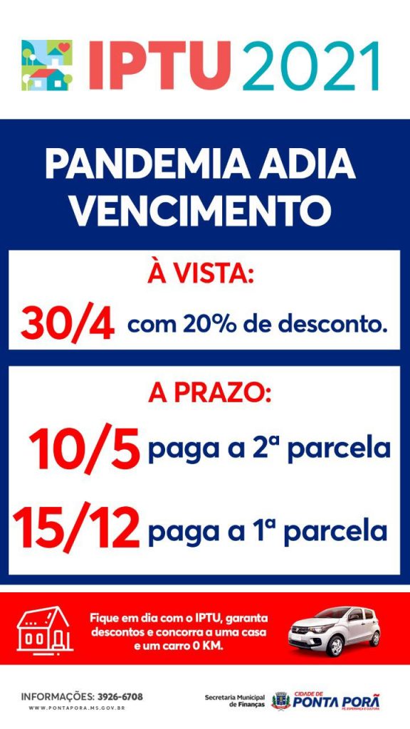 Com agravamento da pandemia Prefeitura Municipal de Ponta Porã prorroga vencimento do IPTU para 30 de abril