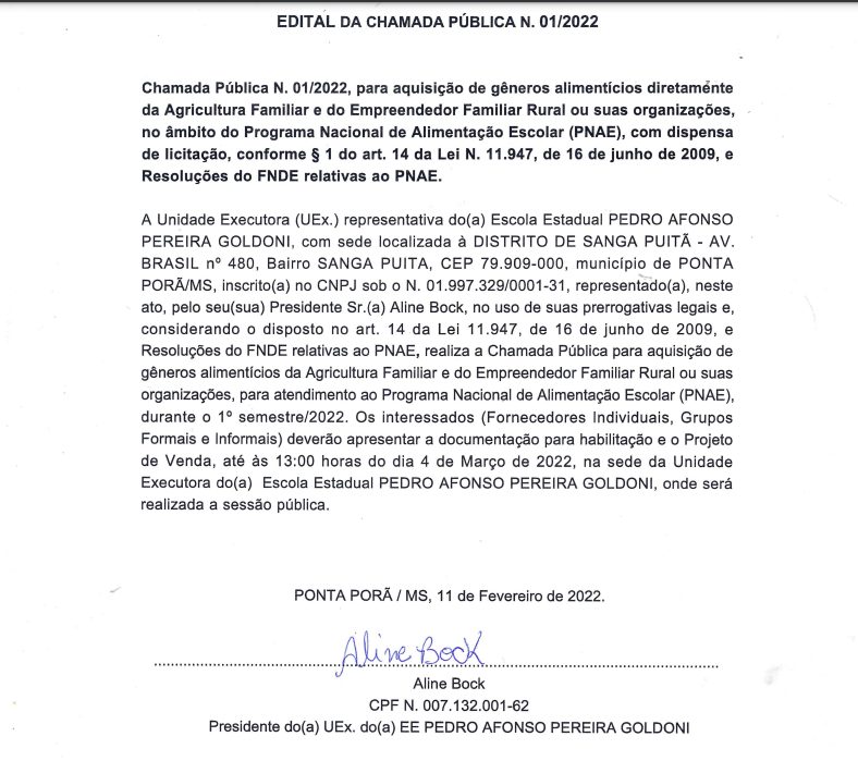 EDITAL DA CHAMADA PÚBLICA N. 01/2022