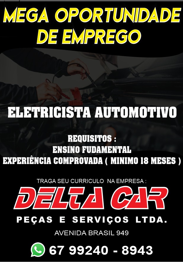 Delta Car Mecânica está à procura de um Eletricista Automotivo e mecânico geral com experiência comprovada na área