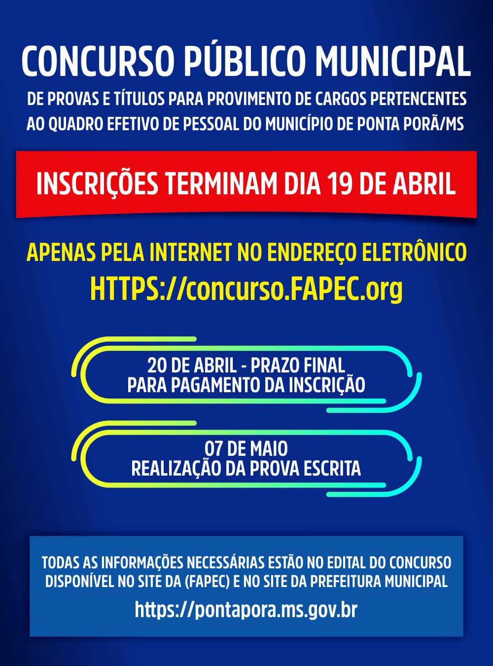 Amanhã (19) termina o prazo para se inscrever no concurso público de Ponta Porã - MS