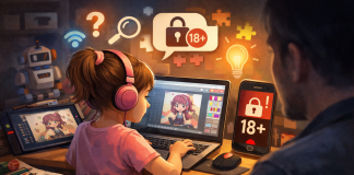 Criança utilizando computador em casa sob supervisão dos pais, representando o uso consciente da tecnologia na infância