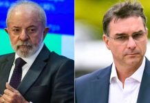 Lula e Flávio Bolsonaro em montagem sobre as últimas pesquisas presidenciais das Eleições 2026