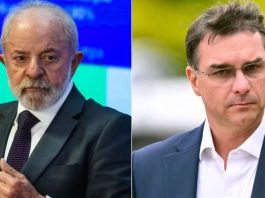Lula e Flávio Bolsonaro em montagem sobre as últimas pesquisas presidenciais das Eleições 2026