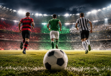 Imagem ilustrativa de futebol com três jogadores representando equipes classificadas