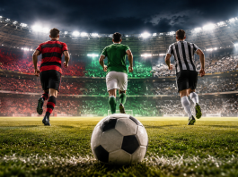 Imagem ilustrativa de futebol com três jogadores representando equipes classificadas