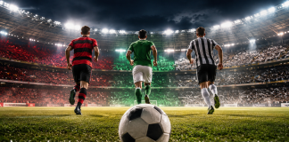 Imagem ilustrativa de futebol com três jogadores representando equipes classificadas