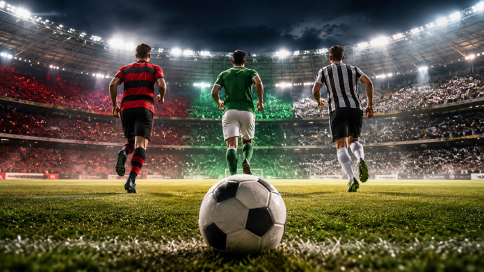 Imagem ilustrativa de futebol com três jogadores representando equipes classificadas