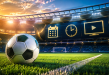 Imagem ilustrativa de agenda de jogos com bola, calendário, relógio e transmissão