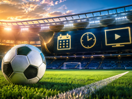 Imagem ilustrativa de agenda de jogos com bola, calendário, relógio e transmissão