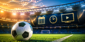 Imagem ilustrativa de agenda de jogos com bola, calendário, relógio e transmissão