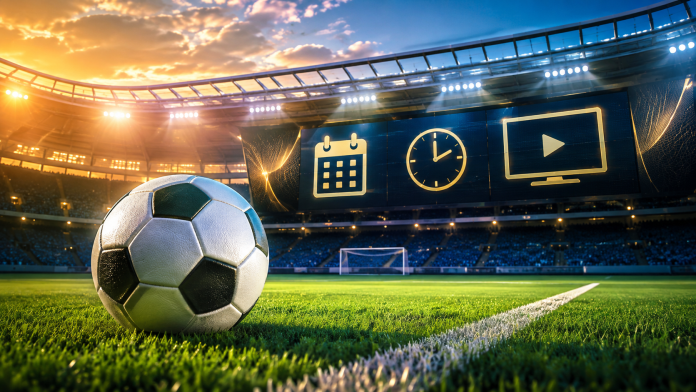 Jogos de amanhã: horários e transmissões Imagem ilustrativa de agenda de jogos com bola, calendário, relógio e transmissão