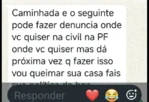 Captura de tela de mensagem de WhatsApp com teor ameaçador relatada por coordenador de campanha em Ponta Porã