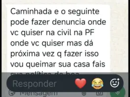 Captura de tela de mensagem de WhatsApp com teor ameaçador relatada por coordenador de campanha em Ponta Porã