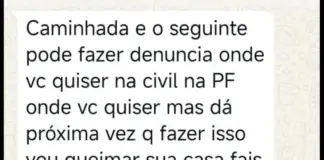 Captura de tela de mensagem de WhatsApp com teor ameaçador relatada por coordenador de campanha em Ponta Porã