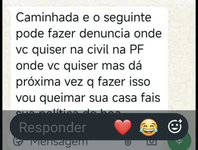 Captura de tela de mensagem de WhatsApp com teor ameaçador relatada por coordenador de campanha em Ponta Porã