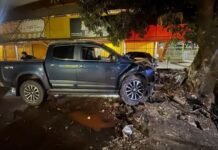 Caminhonete Chevrolet S10 após acidente contra árvore em Pedro Juan Caballero