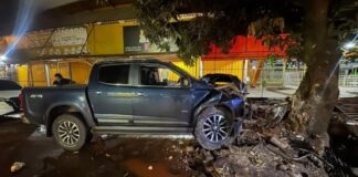 Caminhonete bate violentamente contra árvore e deixa feridos na fronteira Caminhonete Chevrolet S10 após acidente contra árvore em Pedro Juan Caballero