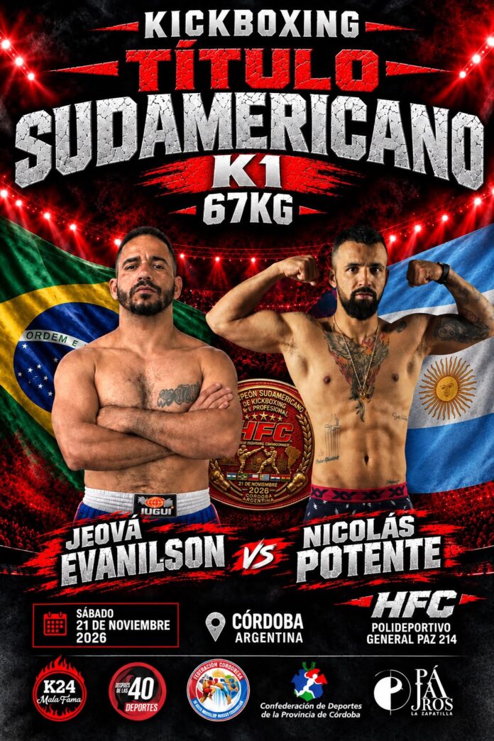 Cartaz da luta entre Jeová Evanilson e Nicolás Potente pelo título sul-americano de Kickboxing K1 até 67 kg em Córdoba, Argentina