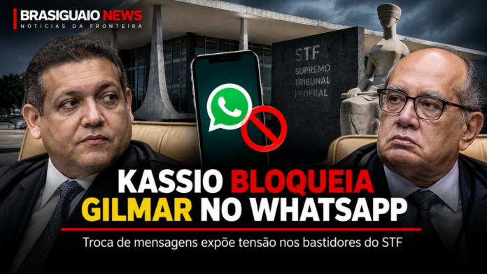 Arte sobre troca de mensagens entre Kassio Nunes Marques e Gilmar Mendes em meio às discussões no STF