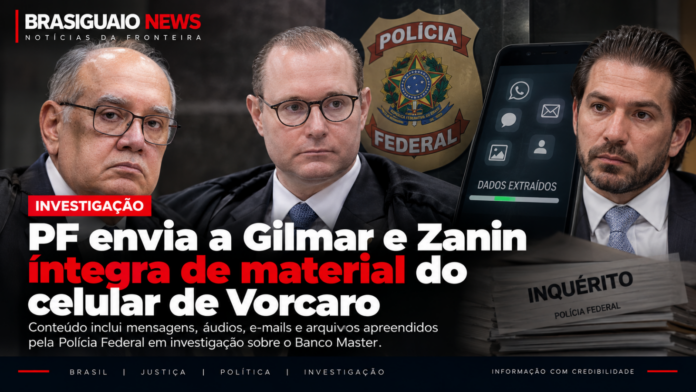 Imagem ilustrativa sobre envio pela Polícia Federal de dados do celular de Daniel Vorcaro a Gilmar Mendes e Cristiano Zanin