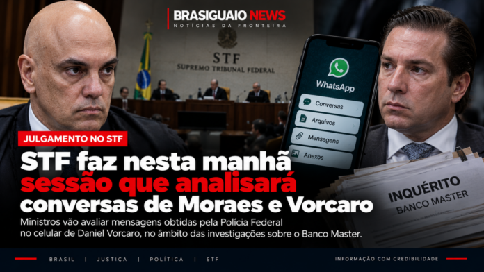 Imagem ilustrativa sobre sessão do STF que analisa conversas envolvendo Alexandre de Moraes e Daniel Vorcaro