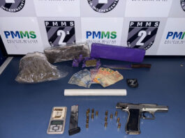 Imagem da ocorrência de apreensão de arma e drogas pela Polícia Militar em Caarapó.