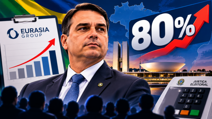 Arte ilustrativa gerada por inteligência artificial sobre projeção da Eurasia Group de 80% de probabilidade de vitória de Flávio Bolsonaro no segundo turno das eleições de 2026