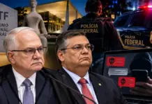Ilustração gerada por inteligência artificial representando o STF, os ministros Edson Fachin e Flávio Dino e a Polícia Federal em investigação de ameaças