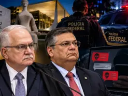 Ilustração gerada por inteligência artificial representando o STF, os ministros Edson Fachin e Flávio Dino e a Polícia Federal em investigação de ameaças