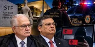 Ilustração gerada por inteligência artificial representando o STF, os ministros Edson Fachin e Flávio Dino e a Polícia Federal em investigação de ameaças