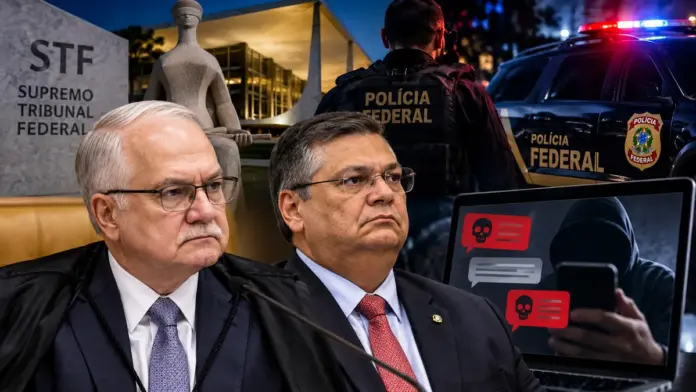 Ilustração gerada por inteligência artificial representando o STF, os ministros Edson Fachin e Flávio Dino e a Polícia Federal em investigação de ameaças