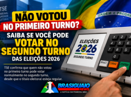 Arte ilustrativa com urna eletrônica e informação sobre direito de votar no segundo turno das eleições 2026