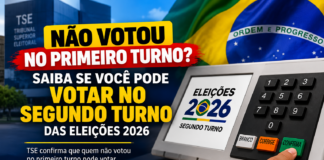 Arte ilustrativa com urna eletrônica e informação sobre direito de votar no segundo turno das eleições 2026