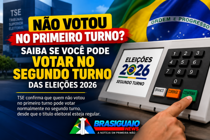 Arte ilustrativa com urna eletrônica e informação sobre direito de votar no segundo turno das eleições 2026