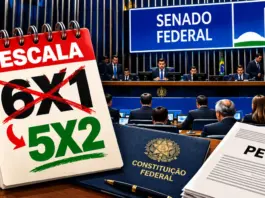 Ilustração editorial sobre votação da PEC do fim da escala 6x1 no Senado Federal, com calendário representando a proposta de escala 5x2