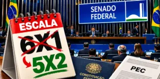 Ilustração editorial sobre votação da PEC do fim da escala 6x1 no Senado Federal, com calendário representando a proposta de escala 5x2