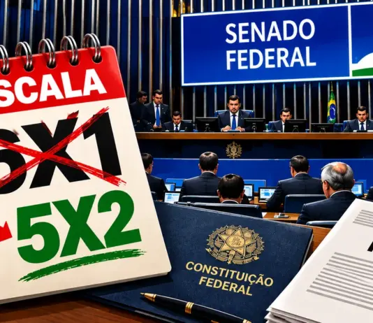 Ilustração editorial sobre votação da PEC do fim da escala 6x1 no Senado Federal, com calendário representando a proposta de escala 5x2