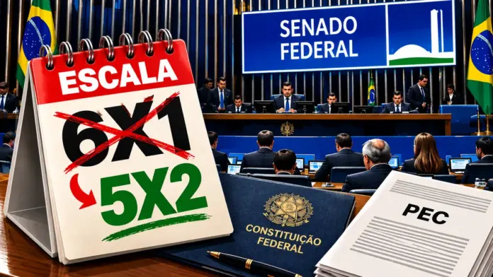 PEC do fim da escala 6x1 no Senado: proposta de jornada 5x2 Ilustração editorial sobre votação da PEC do fim da escala 6x1 no Senado Federal, com calendário representando a proposta de escala 5x2