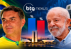 Ilustração de Flávio Bolsonaro e Lula lado a lado para notícia sobre pesquisa BTG/Nexus de segundo turno das eleições 2026