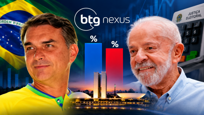 Ilustração de Flávio Bolsonaro e Lula lado a lado para notícia sobre pesquisa BTG/Nexus de segundo turno das eleições 2026