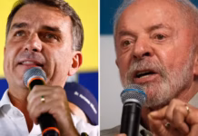 Montagem com Flávio Bolsonaro e Lula, candidatos à Presidência, na pesquisa Datafolha de 8 de outubro de 2026