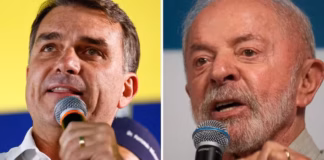 Montagem com Flávio Bolsonaro e Lula, candidatos à Presidência, na pesquisa Datafolha de 8 de outubro de 2026