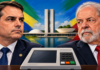 Ilustração editorial de Flávio Bolsonaro e Lula, com urna eletrônica e Congresso Nacional ao fundo, para notícia sobre a pesquisa Quaest do segundo turno de 2026