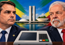 Ilustração editorial de Flávio Bolsonaro e Lula, com urna eletrônica e Congresso Nacional ao fundo, para notícia sobre a pesquisa Quaest do segundo turno de 2026