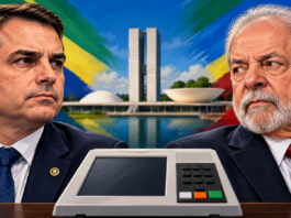 Ilustração editorial de Flávio Bolsonaro e Lula, com urna eletrônica e Congresso Nacional ao fundo, para notícia sobre a pesquisa Quaest do segundo turno de 2026