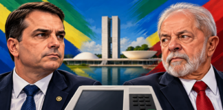 Ilustração editorial de Flávio Bolsonaro e Lula, com urna eletrônica e Congresso Nacional ao fundo, para notícia sobre a pesquisa Quaest do segundo turno de 2026