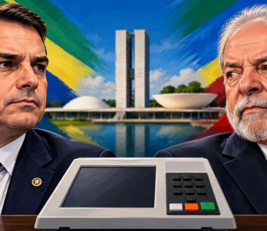 Ilustração editorial de Flávio Bolsonaro e Lula, com urna eletrônica e Congresso Nacional ao fundo, para notícia sobre a pesquisa Quaest do segundo turno de 2026